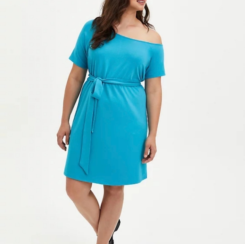 NWT - Off-Shoulder T-Shirt Dress-French Terry Teal